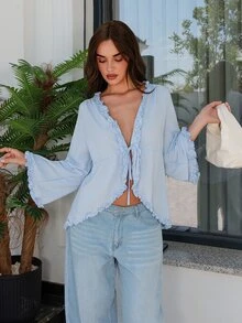 Bris Aura Ruffle Cinched Waist Loose Top For Women - Baby Blue - View 4
