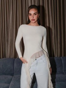 Bris Aura 女士荷叶边修身休闲长袖上衣 - 杏色 - 查看 5