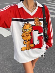 Muchica GARFIELD | SHEIN 女款復古運動休閒拼接色塊卡通印花長袖T恤，適合外出與街頭穿搭 - 彩色 - 查看 6