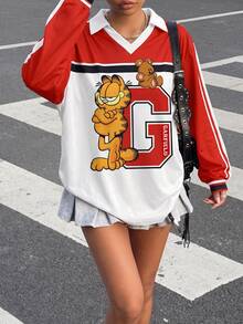 Muchica GARFIELD | SHEIN 女款復古運動休閒拼接色塊卡通印花長袖T恤，適合外出與街頭穿搭 - 彩色 - 查看 1