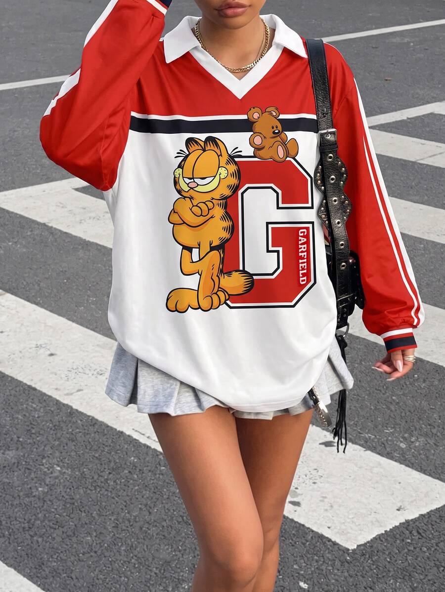 Muchica GARFIELD | SHEIN 女款復古運動休閒拼接色塊卡通印花長袖T恤，適合外出與街頭穿搭 - 彩色 - 查看 1