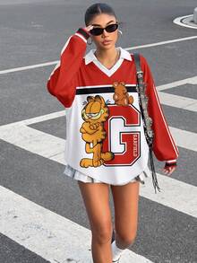 Muchica GARFIELD | SHEIN 女款復古運動休閒拼接色塊卡通印花長袖T恤，適合外出與街頭穿搭 - 彩色 - 查看 3