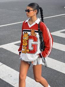 Muchica GARFIELD | SHEIN 女款復古運動休閒拼接色塊卡通印花長袖T恤，適合外出與街頭穿搭 - 彩色 - 查看 8