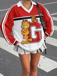 Muchica GARFIELD | SHEIN 女款復古運動休閒拼接色塊卡通印花長袖T恤，適合外出與街頭穿搭 - 彩色 - 查看 4