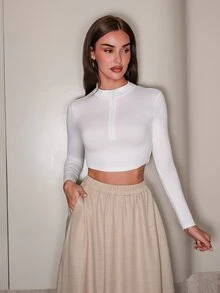 Bris Aura Spring And Summer Turtleneck Half-Zip Short White Long-Sleeved T-Shirt - White - View 4