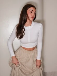 Bris Aura Spring And Summer Turtleneck Half-Zip Short White Long-Sleeved T-Shirt - White - View 6