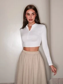Bris Aura Spring And Summer Turtleneck Half-Zip Short White Long-Sleeved T-Shirt - White - View 3