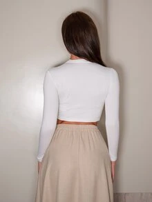 Bris Aura Spring And Summer Turtleneck Half-Zip Short White Long-Sleeved T-Shirt - White - View 2