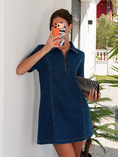 Bris Aura Women's Navy Blue Denim Dress,Elegant Summer Casual Short Sleeve Zip Up Half Placket Shirt Collar Beach Picnic Outfit,Old Money Boho Western Clothes