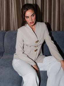 Bris Aura 女士法式休闲秋季简约优雅单排扣金属扣西装外套，适合通勤穿着，奶油色，优雅大方，2025秋冬新款！宽松版型，收腰设计，适合工作、办公室、商务休闲、教师风格、复古美感，适合日常穿着和外出，秋冬新品。四季皆宜，女士冬季外套。 - 杏色 - 查看 5