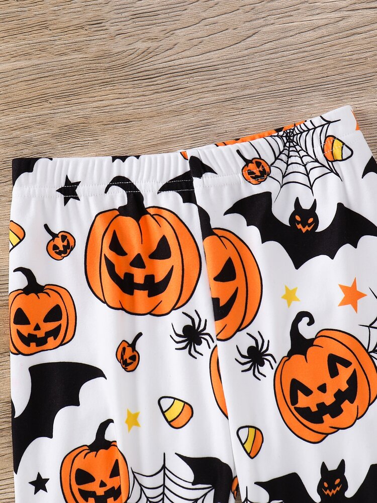 SHEIN Young Boy Snug Fit Pajama Set, Cartoon Pumpkin Pattern Knitted Soft Crew Neck Long Sleeve Pullover Top And Elastic Waist Long Pants, 2-Piece Set - Multicolor - View 8