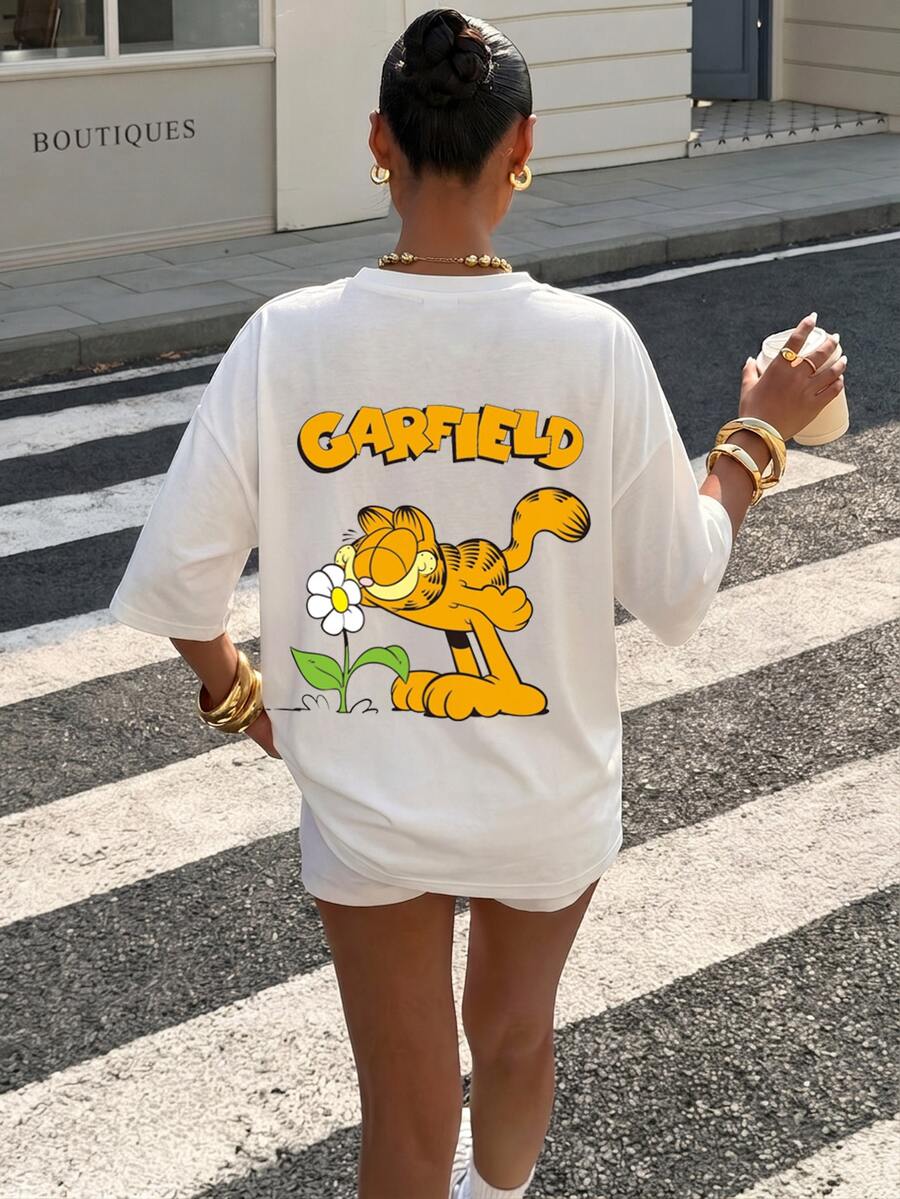 Muchica GARFIELD | SHEIN 休閒簡約卡通印花圓領短袖寬鬆女款T恤，適合夏季 - 彩色 - 查看 1