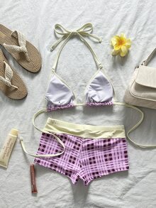 Bonvoyette Women's Purple Bikini Set,Cute Retro Check Graphic Swimsuits With Swimshorts,Summer Beach Party Holiday,Boho Y2K Vintage Beachwear Fashionable Outfit - Purple - View 4