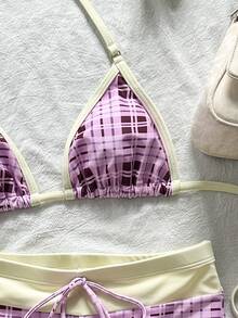 Bonvoyette Women's Purple Bikini Set,Cute Retro Check Graphic Swimsuits With Swimshorts,Summer Beach Party Holiday,Boho Y2K Vintage Beachwear Fashionable Outfit - Purple - View 5