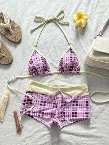 Bonvoyette Women's Purple Bikini Set,Cute Retro Check Graphic Swimsuits With Swimshorts,Summer Beach Party Holiday,Boho Y2K Vintage Beachwear Fashionable Outfit - Purple - View 3
