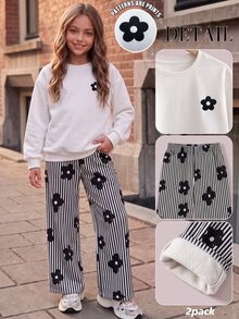 SHEIN Tween Girls T-Shirt Set, Black And White, Short Sleeve Top + Long Pants 2 Pieces Set, Loose Fit, Warm For Autumn/Winter, Fashionable And Versatile, Casual, Collar, Round Neck, Daily, Cute, Printed, Bow, Comfortable, Striped - Black and White - View 3