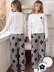 SHEIN Tween Girls T-Shirt Set, Black And White, Short Sleeve Top + Long Pants 2 Pieces Set, Loose Fit, Warm For Autumn/Winter, Fashionable And Versatile, Casual, Collar, Round Neck, Daily, Cute, Printed, Bow, Comfortable, Striped - Black and White - View 5