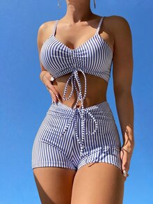 Costavie Summer Beach Striped Bikini Set Drawstring Wireless Bra Top & Boxy Shorts 2 Pieces Bikini - Blue and White - View 5