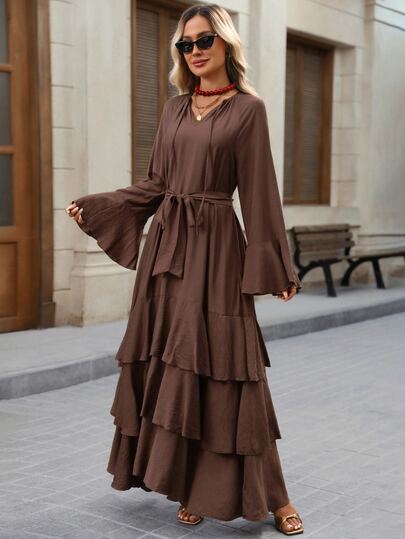 Brillora Gaun Panjang Wanita Elegan Gaya Boho untuk Liburan, Kasual, Warna Polos, dengan Hiasan Rumbai Tenun, Pakaian Musim Gugur, Cokelat Kopi untuk Makan Siang