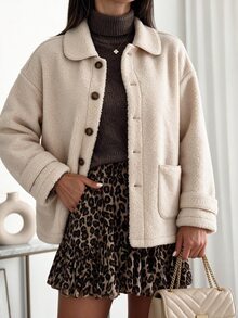 Louniche Women's Autumn/Winter Fashion Casual Dropped Shoulder Lambswool Loose Fit Long Sleeve Regular Jacket Suitable For Daily Commute And Shopping - Apricot - View 4