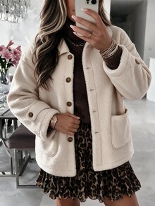 Louniche Women's Autumn/Winter Fashion Casual Dropped Shoulder Lambswool Loose Fit Long Sleeve Regular Jacket Suitable For Daily Commute And Shopping - Apricot - View 5