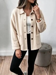 Louniche Women's Autumn/Winter Fashion Casual Dropped Shoulder Lambswool Loose Fit Long Sleeve Regular Jacket Suitable For Daily Commute And Shopping - Apricot - View 3
