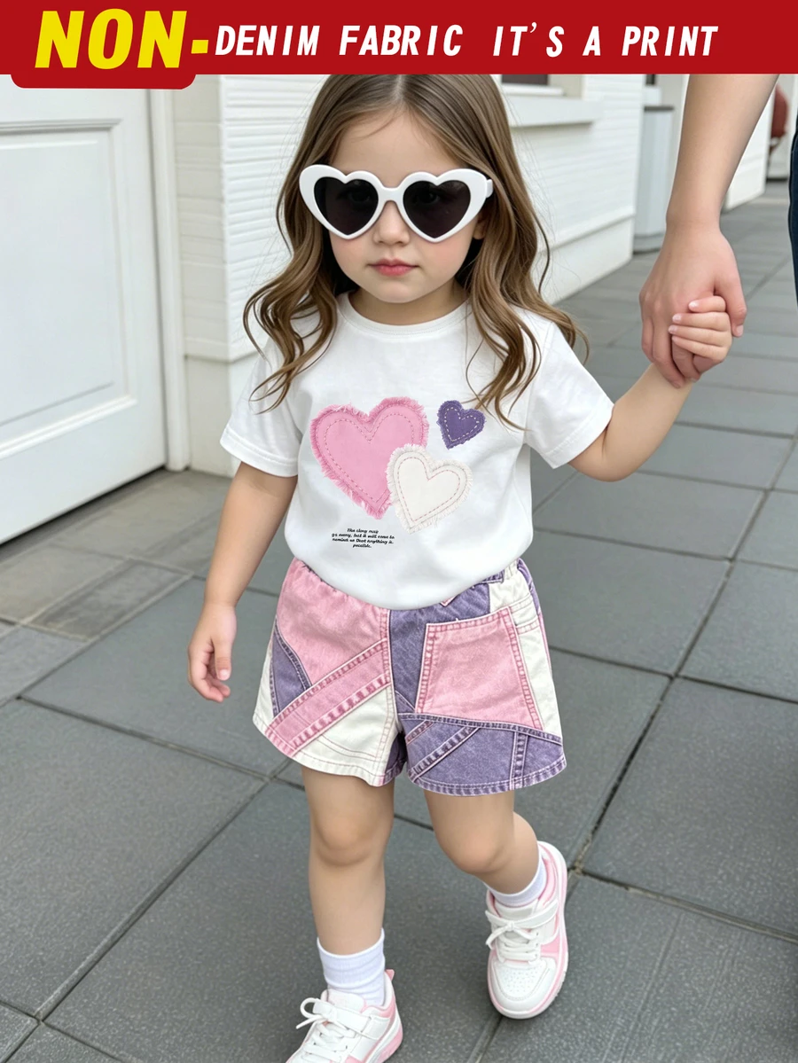 SHEIN Playful Pals 2件組幼兒卡通花朵公主T恤短褲套裝,甜美可愛,舒適便捷,適合夏季戶外穿著 - 彩色 - 查看 1
