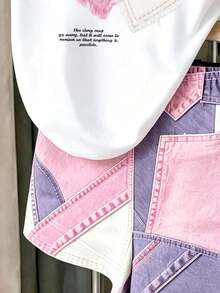 SHEIN Playful Pals 2件組幼兒卡通花朵公主T恤短褲套裝，甜美可愛，舒適便捷，適合夏季戶外穿著 - 彩色 - 查看 3