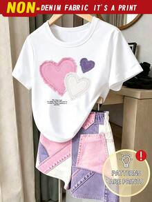 SHEIN Playful Pals 2件組幼兒卡通花朵公主T恤短褲套裝，甜美可愛，舒適便捷，適合夏季戶外穿著 - 彩色 - 查看 4