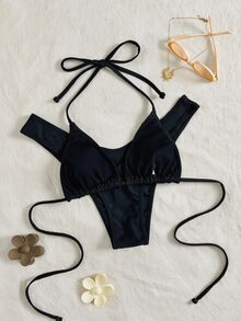 Swim Vcay Summer Beach Halter Triangle Bikini - Black - View 7