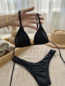 Swim Vcay Summer Beach Halter Triangle Bikini - Black - View 4