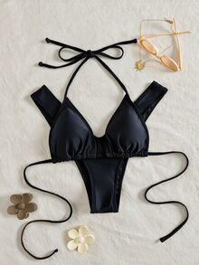 Swim Vcay Summer Beach Halter Triangle Bikini - Black - View 6