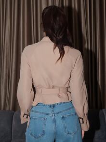 Bris Aura 女款優雅卡其色風衣，秋季辦公商務休閒繫帶夾克，老錢風V領收腰亞麻混紡長袖短版西裝外套 - 卡其色 - 查看 3