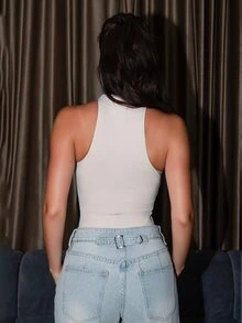 Bris Aura Women's Sleeveless Apricot Color Asymmetric Cutout Bodysuit, Tight Fitted Minimalist, Spring/Summer - Apricot - View 2