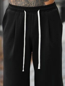 Manfinity CasualCool Men's Mature Casual Black Textured Fabric Loose Straight Leg Sweatpants - Black - View 4