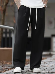 Manfinity CasualCool Men's Mature Casual Black Textured Fabric Loose Straight Leg Sweatpants - Black - View 5