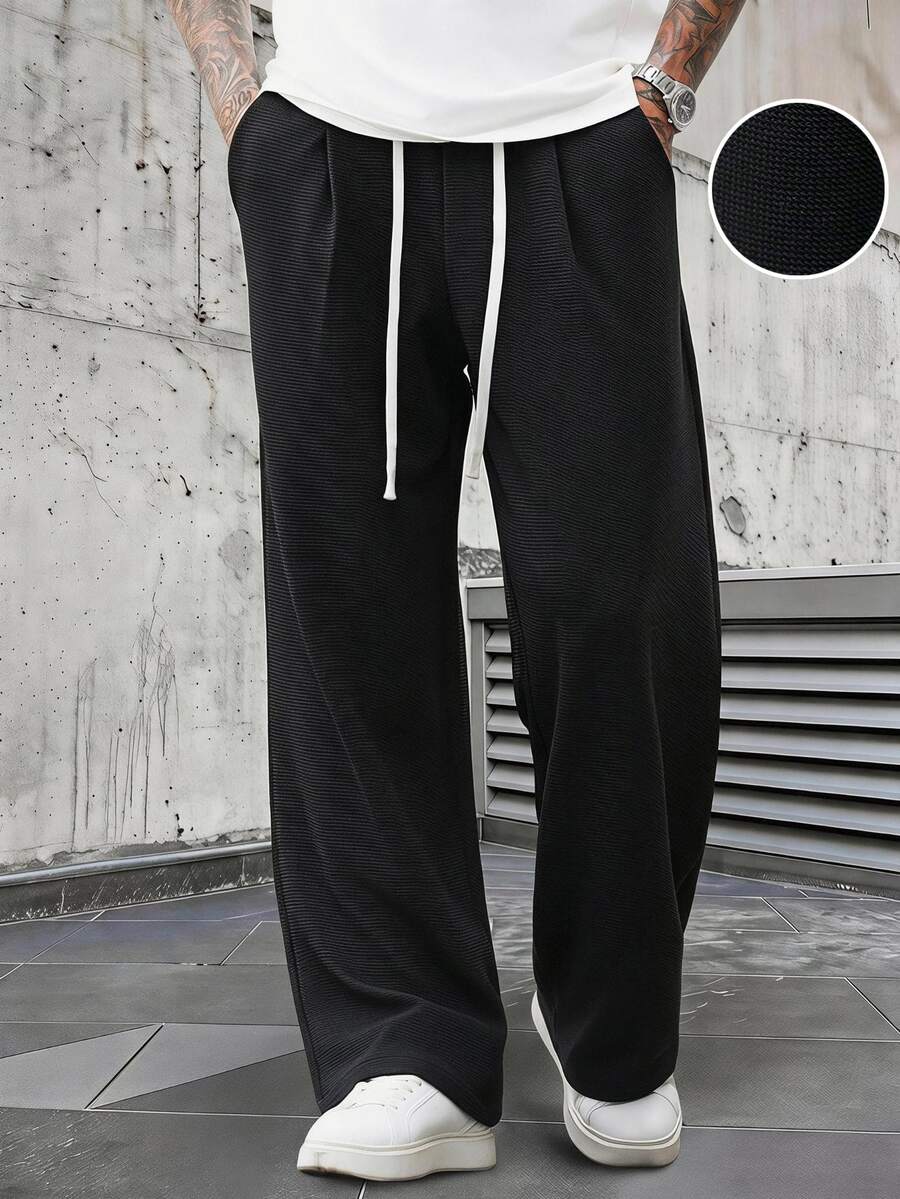 Manfinity CasualCool Men's Mature Casual Black Textured Fabric Loose Straight Leg Sweatpants - Black - View 1