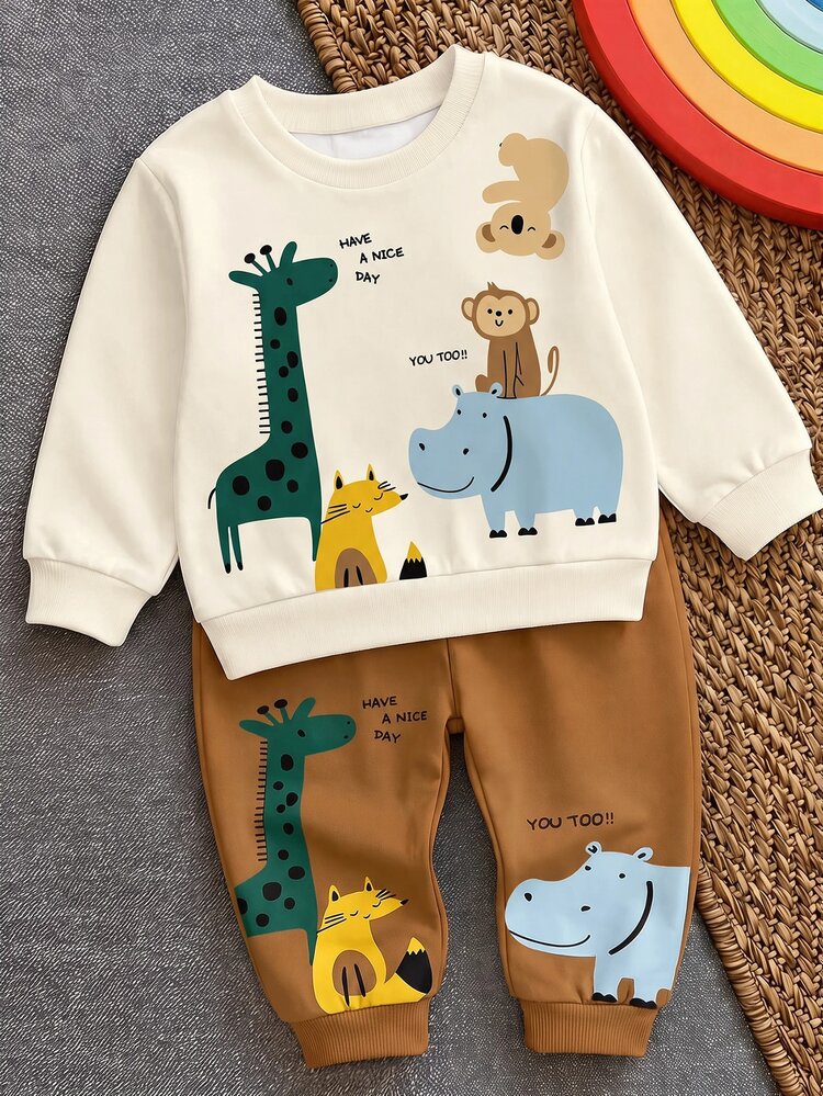Baby Boy Crew Neck Casual Long Sleeve Sweatshirt And Pants Comfortable Set, Classic Cute Cartoon Print, Suitable For Autumn/Winter - Multicolor - View 4