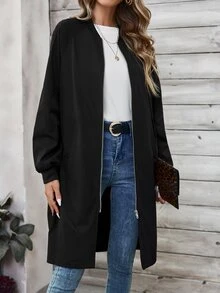 SHEIN LUNE Women's Solid Color Long Sleeve Pocket Long Casual Baseball Collar Regular Jacket, Spring Autumn - Black - View 5