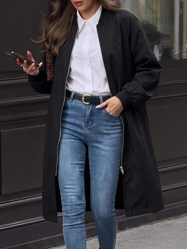 SHEIN LUNE Women's Solid Color Long Sleeve Pocket Long Casual Baseball Collar Regular Jacket, Spring Autumn - Black - View 1