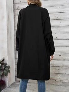SHEIN LUNE Women's Solid Color Long Sleeve Pocket Long Casual Baseball Collar Regular Jacket, Spring Autumn - Black - View 2