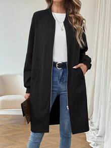 SHEIN LUNE Women's Solid Color Long Sleeve Pocket Long Casual Baseball Collar Regular Jacket, Spring Autumn - Black - View 7