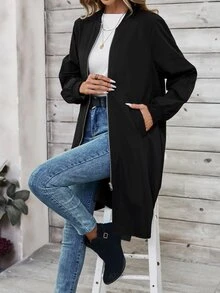 SHEIN LUNE Women's Solid Color Long Sleeve Pocket Long Casual Baseball Collar Regular Jacket, Spring Autumn - Black - View 4