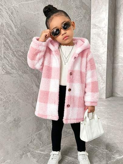 Elladie kids Girls' Pink Plaid Long Hooded Coat In Soft Plush Fabric-Suitable For Autumn/Winter, Outdoor Activities, And School Wear.