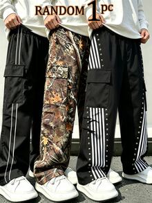 Boy Black White Contrast Color Block Cargo Pants Wide Leg Stripe Streetwear Casual School Trousers With Side Pockets Back To School,1 Random Piece - Multicolor - View 7