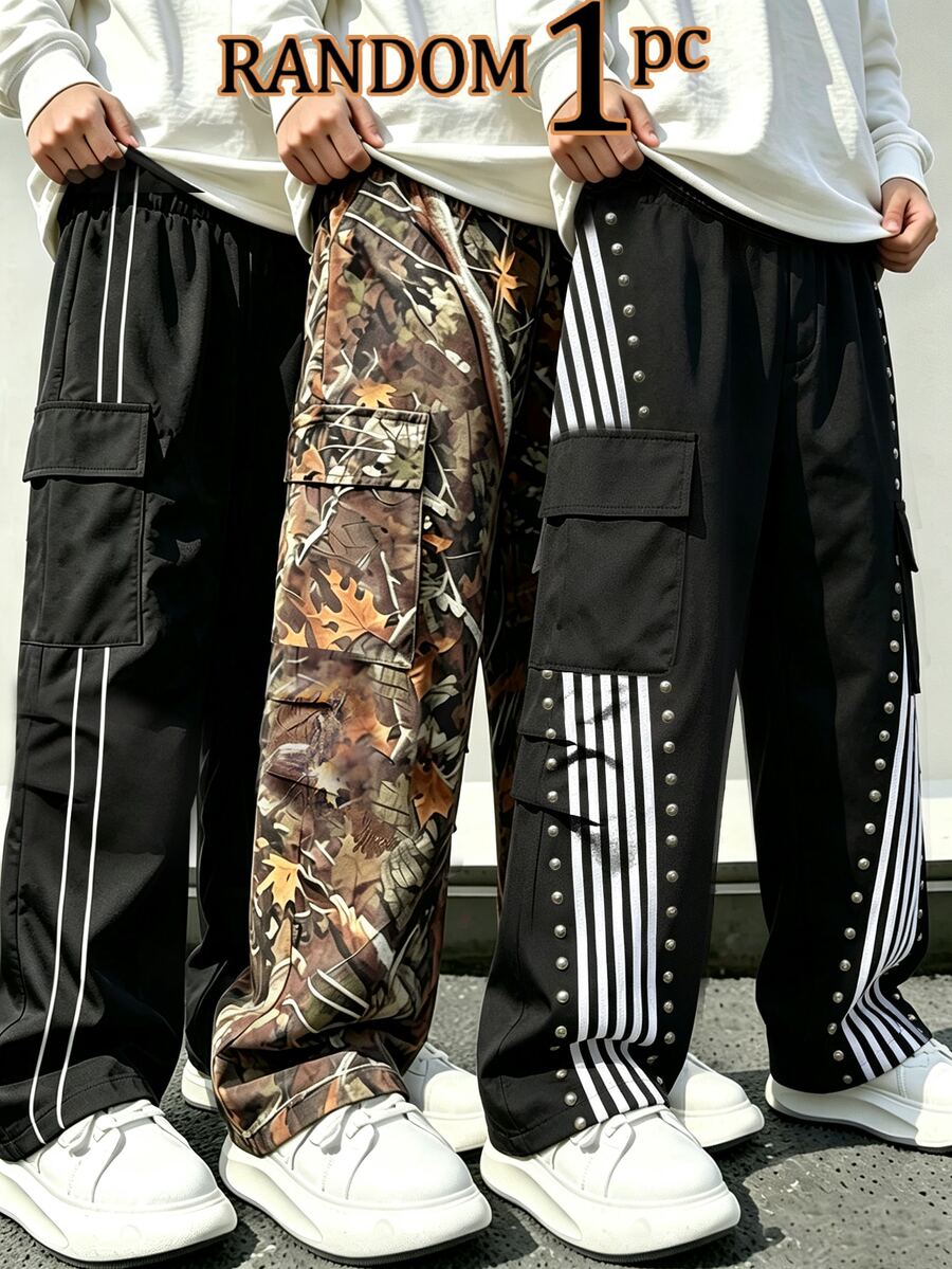 Boy Black White Contrast Color Block Cargo Pants Wide Leg Stripe Streetwear Casual School Trousers With Side Pockets Back To School,1 Random Piece - Multicolor - View 1
