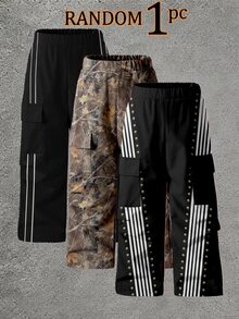 Boy Black White Contrast Color Block Cargo Pants Wide Leg Stripe Streetwear Casual School Trousers With Side Pockets Back To School,1 Random Piece - Multicolor - View 3