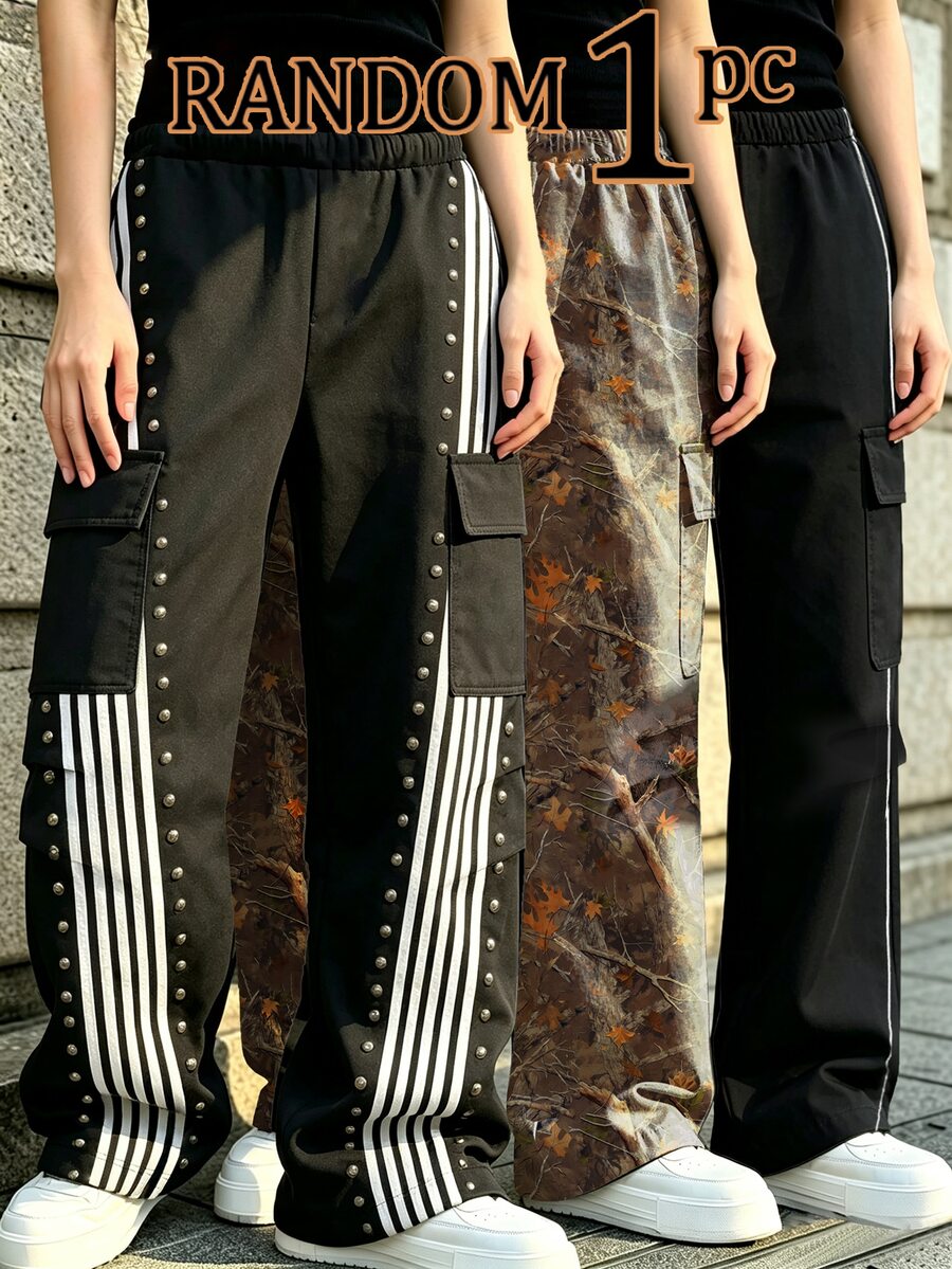 Boy Black White Contrast Color Block Cargo Pants Wide Leg Stripe Streetwear Casual School Trousers With Side Pockets Back To School,1 Random Piece - Multicolor - View 1