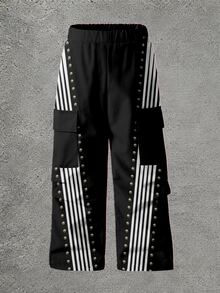 Boy Black White Contrast Color Block Cargo Pants Wide Leg Stripe Streetwear Casual School Trousers With Side Pockets Back To School,1 Random Piece - Multicolor - View 4