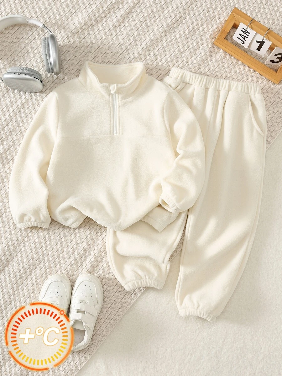 SHEIN Setelan Anak Laki-Laki Balita 2 Potong Kasual Minimalis, Cocok untuk Musim Gugur/Dingin, Bahan Fleece, Tebal, Ulang Tahun, Liburan, Ibu dan Anak, Hari Pertama Sekolah - Aprikot - View 1